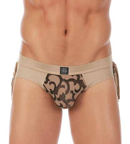Gregg homme cowboy brief underwear in beige and dark brown ornate pattern with side ties size l