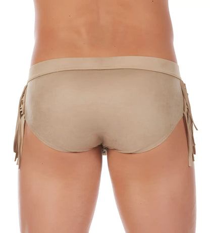 Beige suede swim trunks with fringe detailing on the sides from gregg homme cowboy brief underwear sand 112403 size l