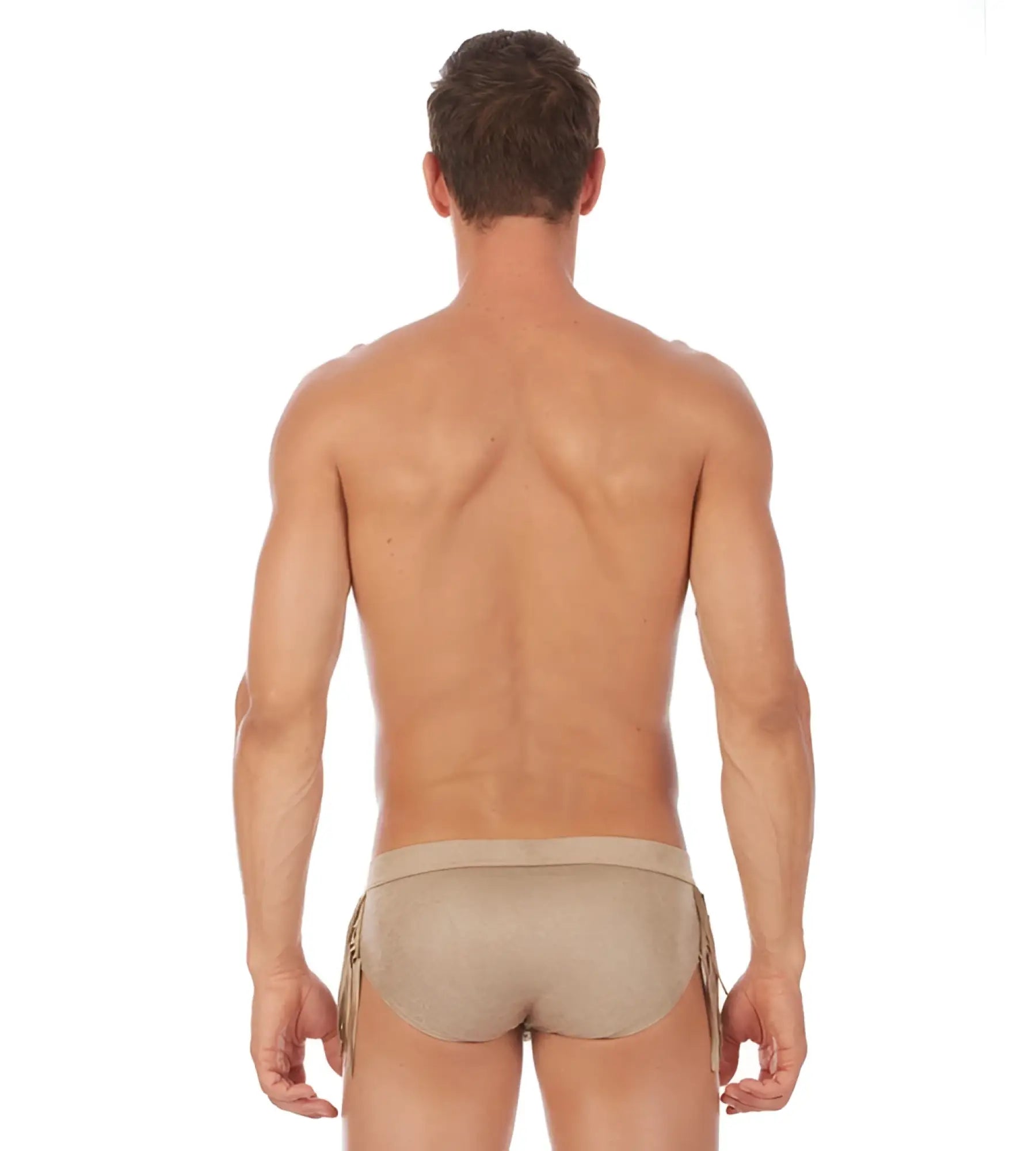 Beige form-fitting swim trunks with side ties from gregg homme cowboy brief underwear sand 112403 size l