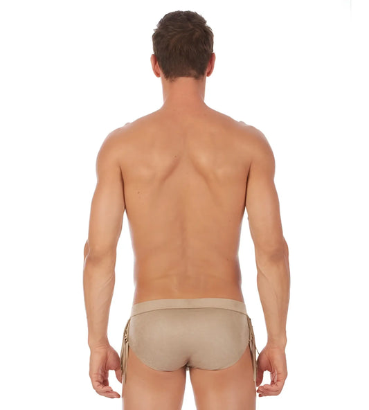Beige form-fitting swim trunks with side ties from gregg homme cowboy brief underwear sand 112403 size l