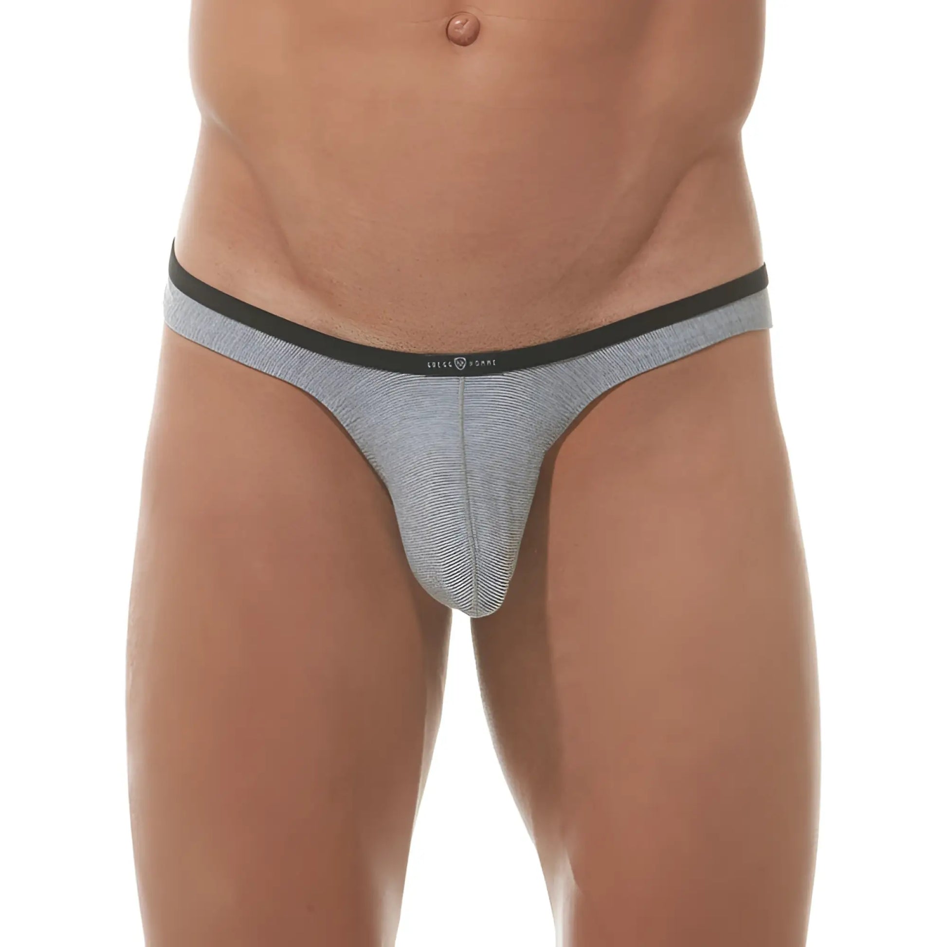 Gray and black striped men’s thong underwear by Gregg Homme with sleek modern design in size XL