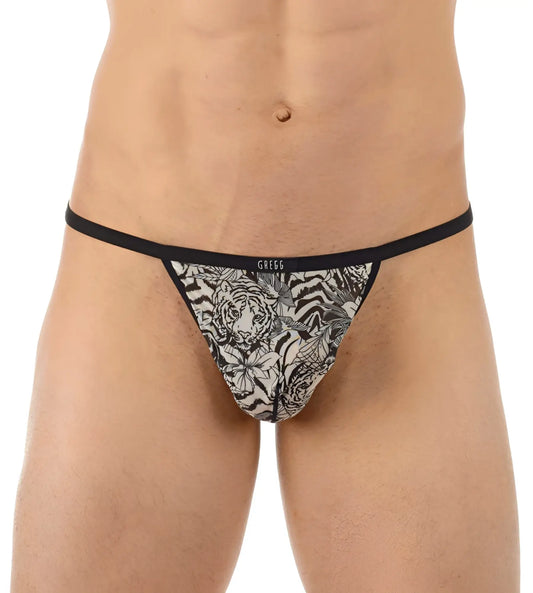 Gregg Homme frisky black and white tiger patterned thong underwear with black elastic waistband size XS