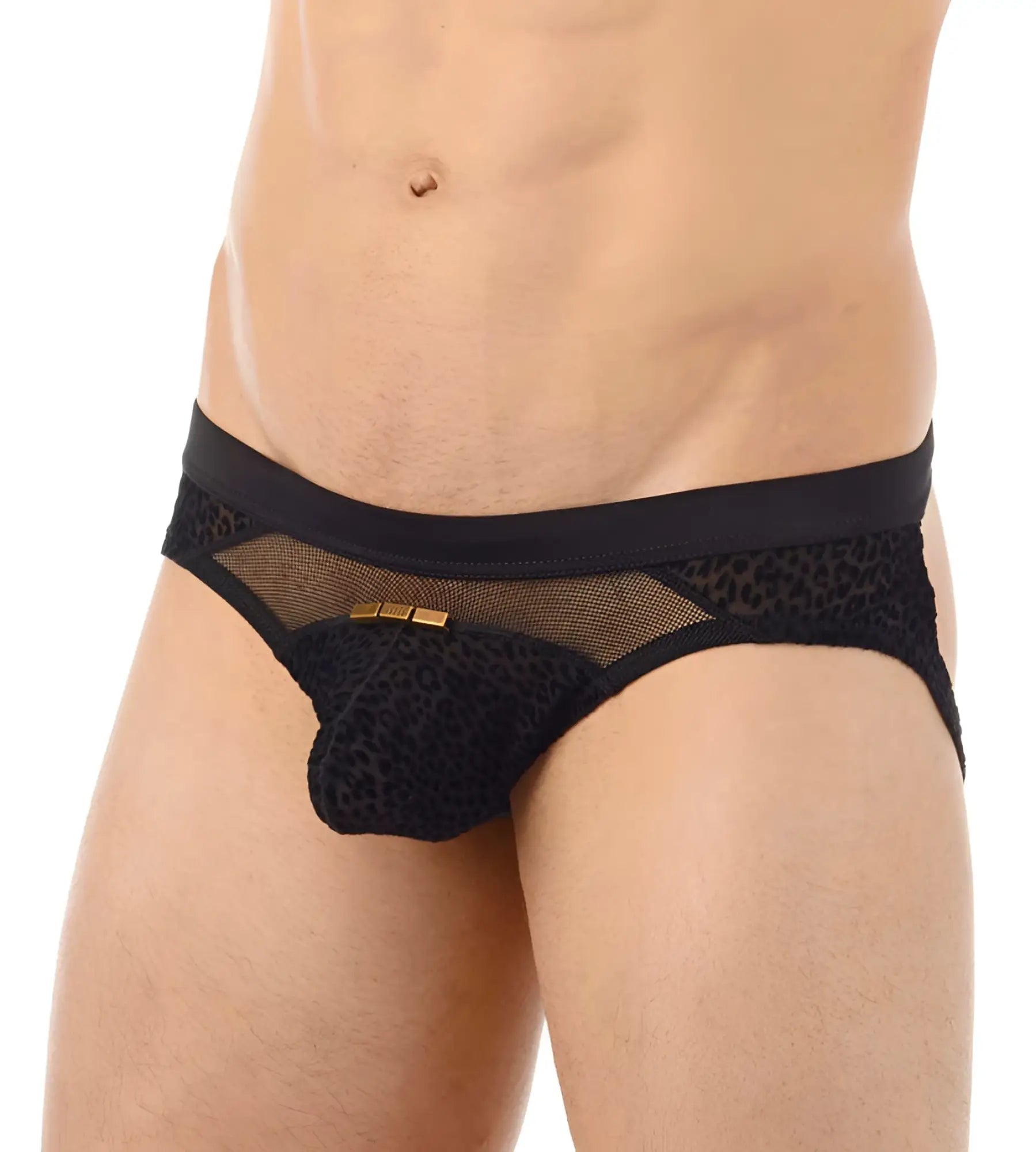 Gregg homme tryst jock strap underwear in black with leopard print lace briefs and gold-tone hardware size s