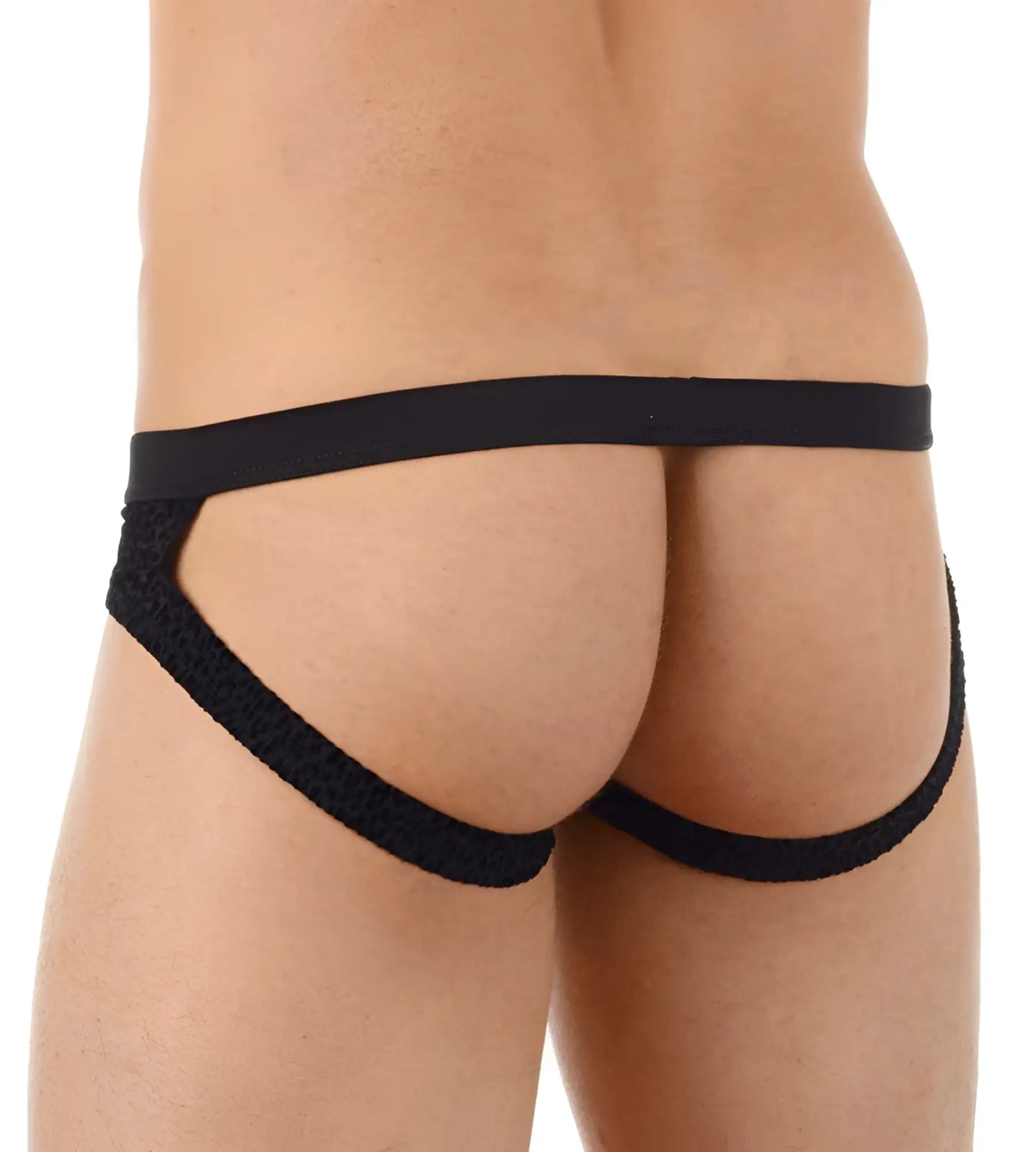 Black textured fabric briefs with wide waistband and leg openings gregghomme tryst jock strap underwear size s
