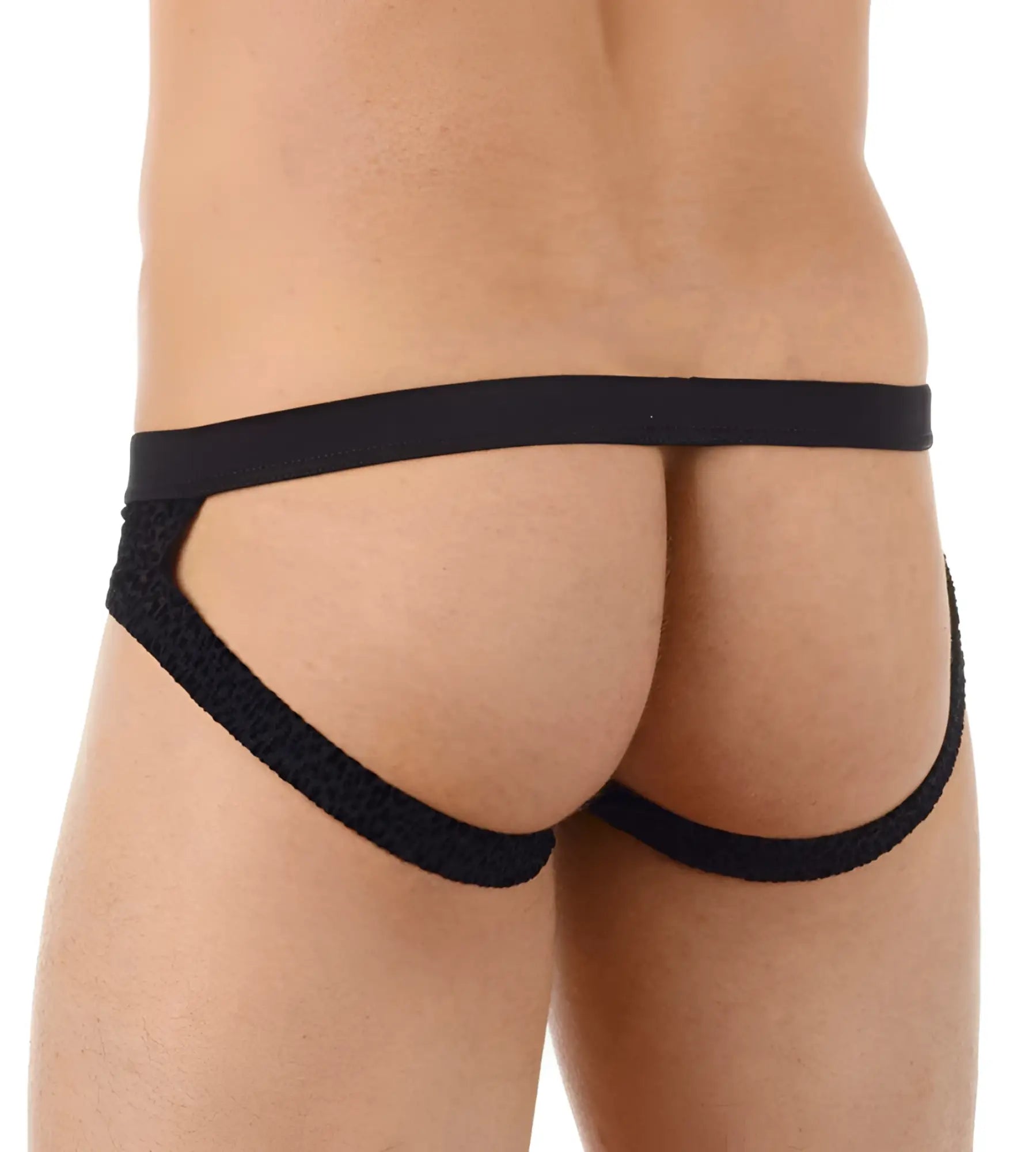 Black textured fabric briefs with wide waistband and leg openings gregghomme tryst jock strap underwear size s