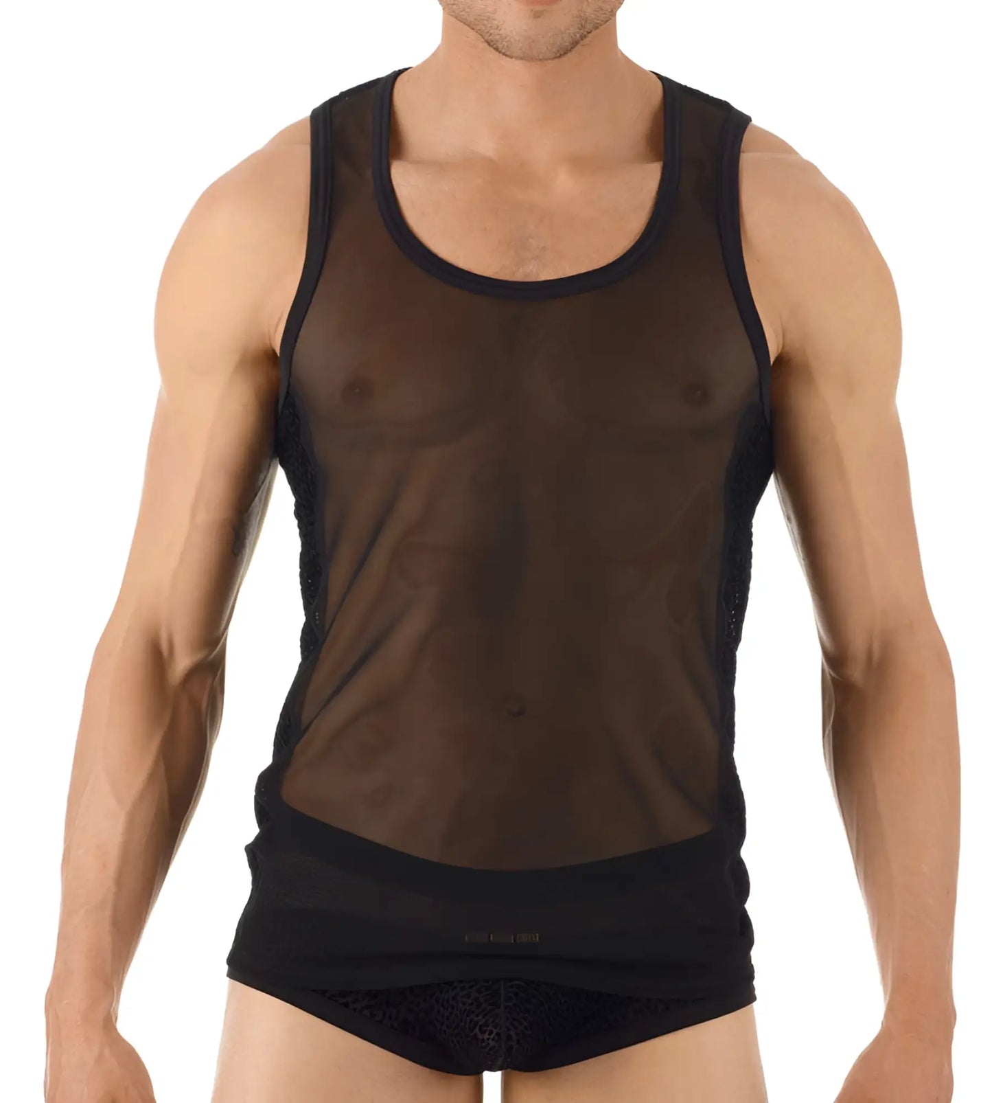 Gregg Homme TRYST tank top black mesh with solid black trim around neckline and armholes size S