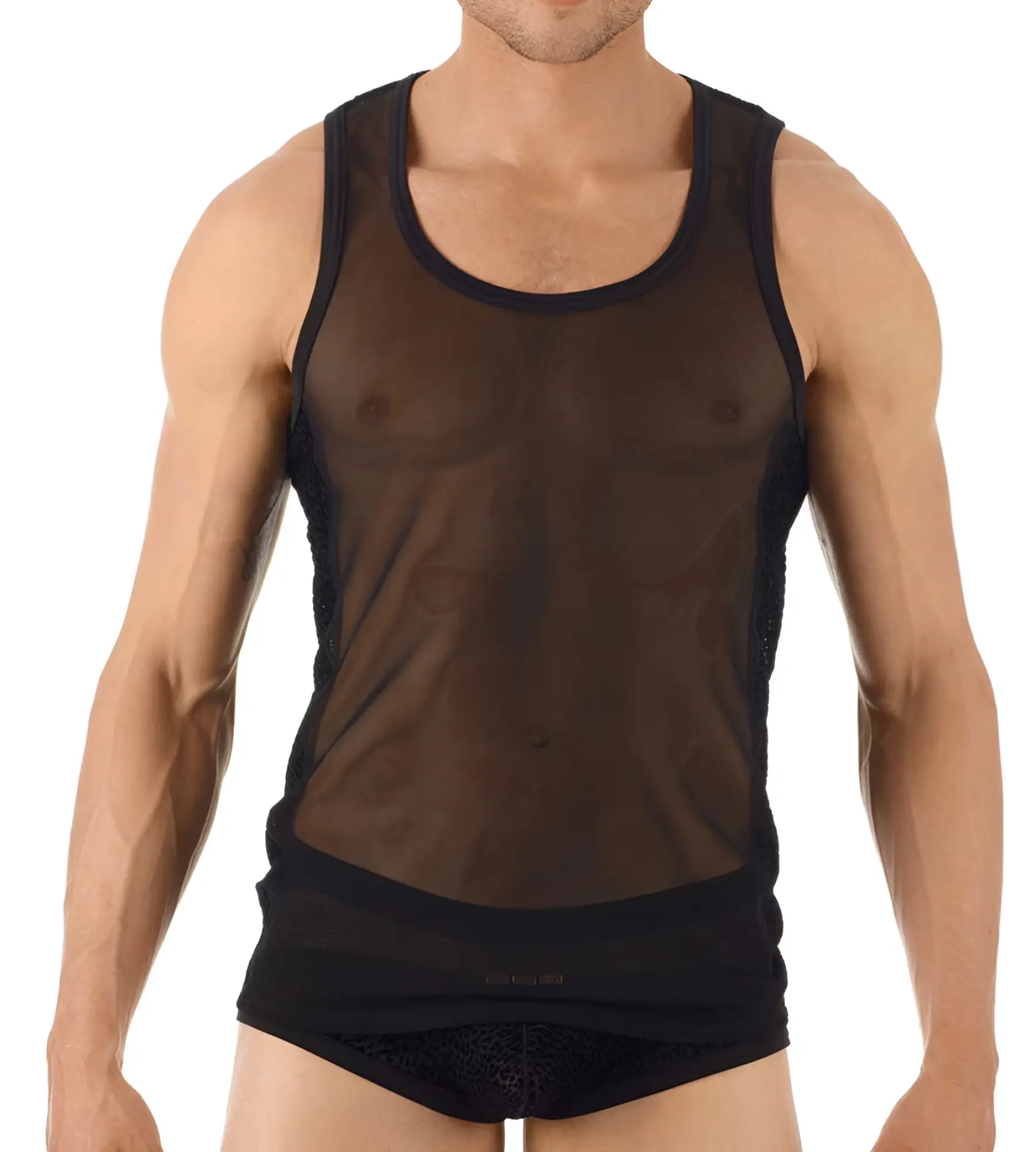 Gregg Homme TRYST tank top black mesh with solid black trim around neckline and armholes size S