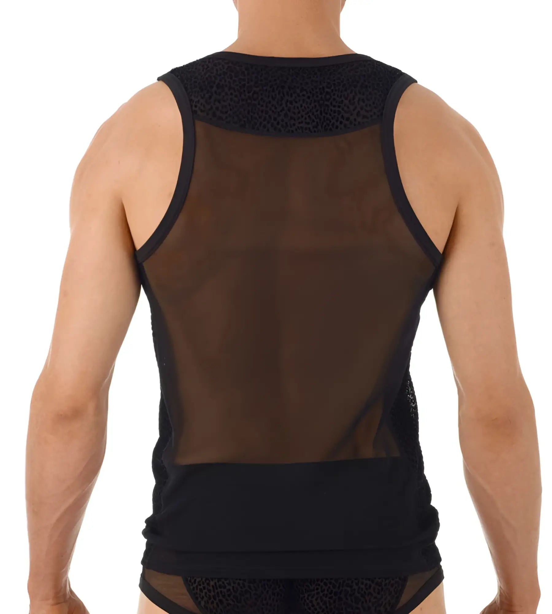 Black sheer mesh Gregg Homme TRYST tank top with lace trim and leopard print accents size S front view