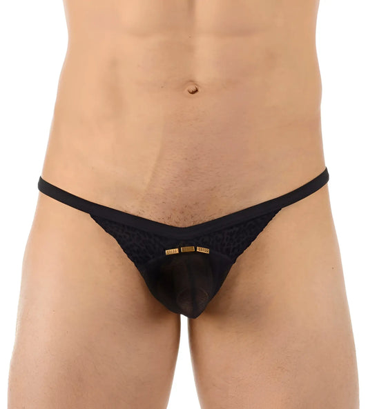 Black lace thong underwear by Gregg Homme with gold logo plaque in black size XS, style 130104
