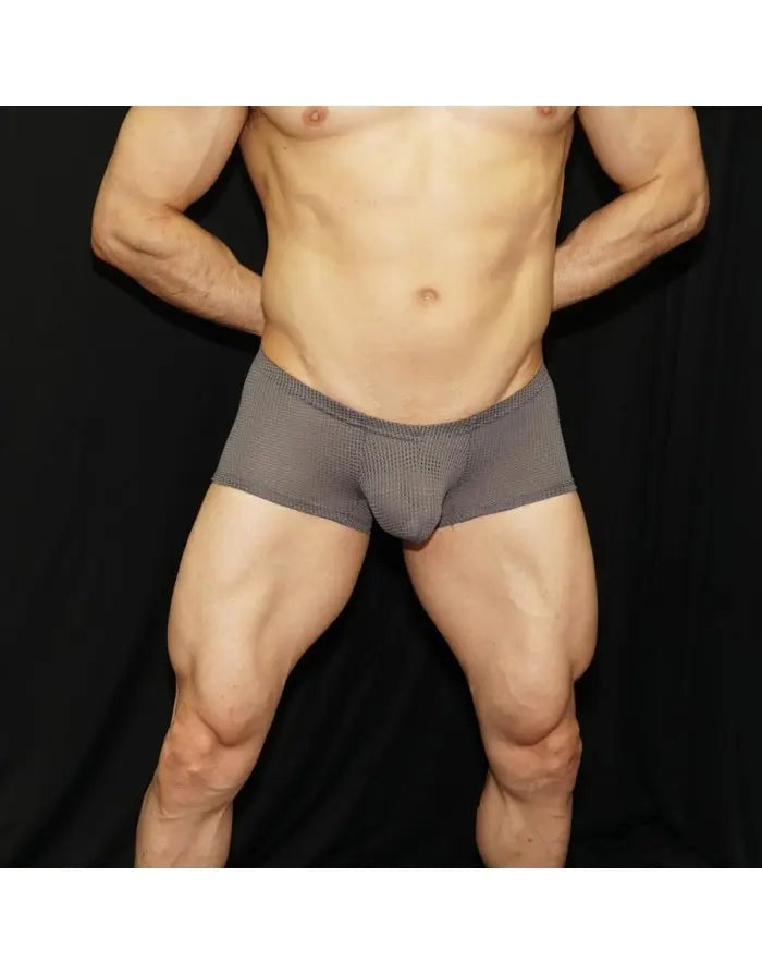Grey mesh boxer underwear by Arroyman featuring a snug fit and breathable fabric shown on a model.