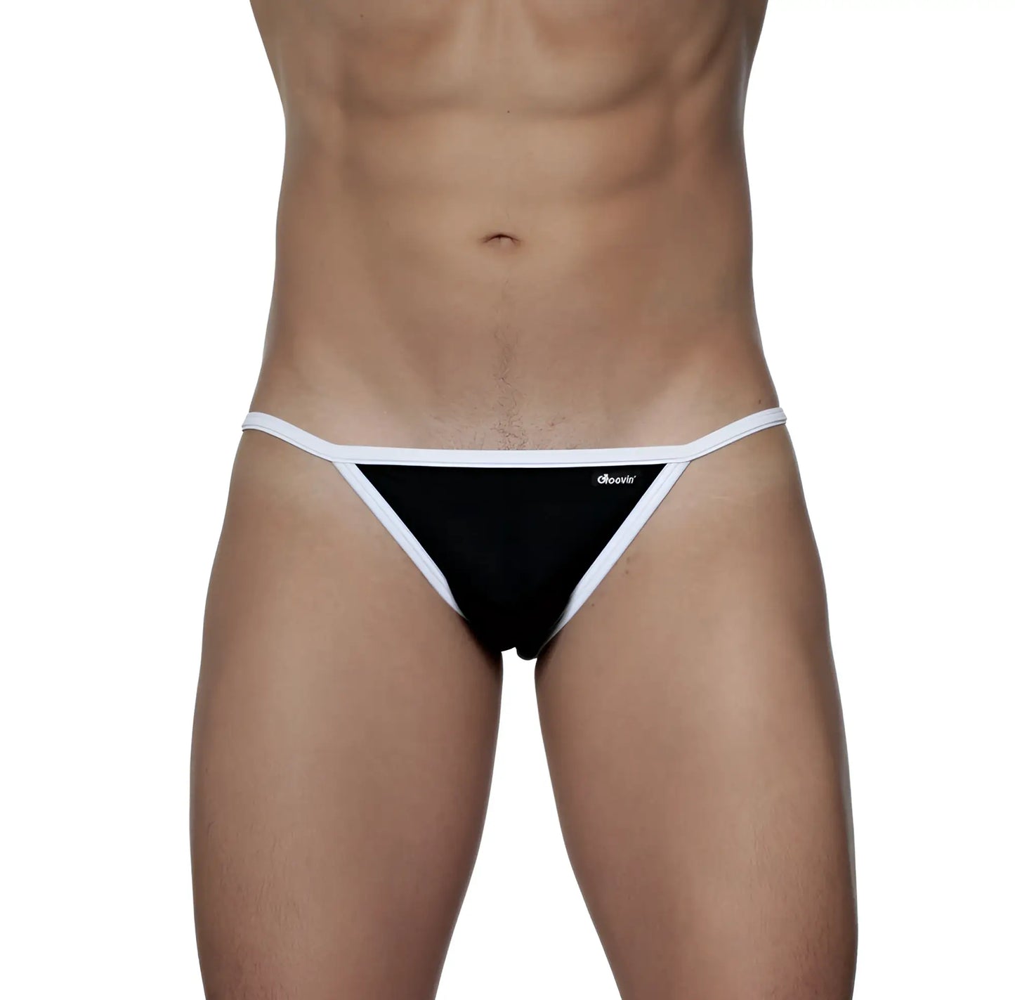Black and white groovin accent string bikini thong with slim minimalist design showing the back side
