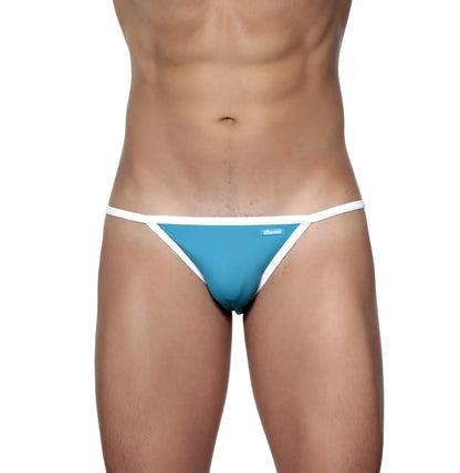 Blue and white groovin accent string bikini thong with solid cyan blue front panel and thin white trim detail