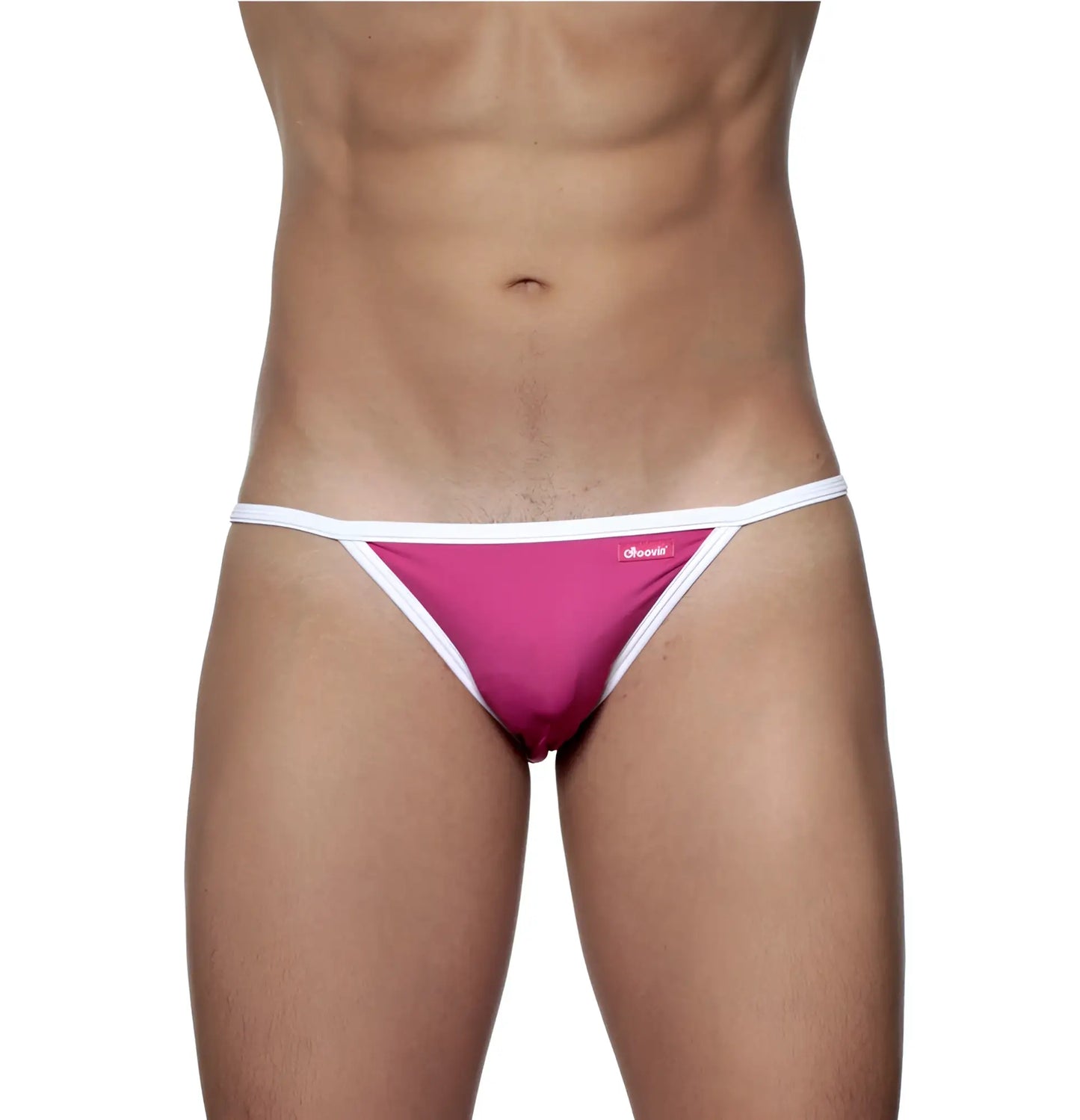 Fuchsia pink groovin accent string bikini thong with white trim and small brand logo on the side