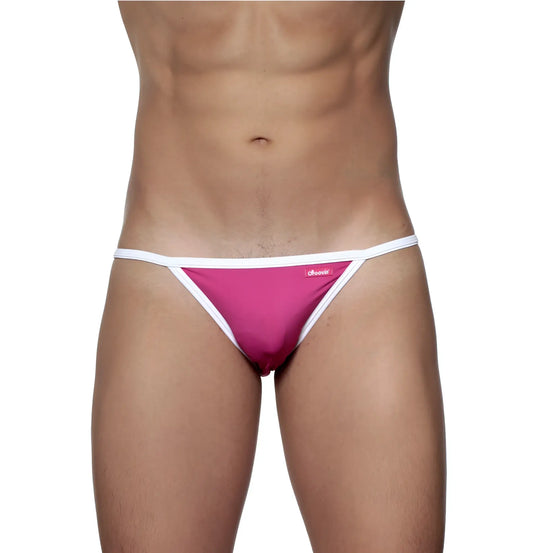 Fuchsia pink groovin accent string bikini thong with white trim and small brand logo on the side