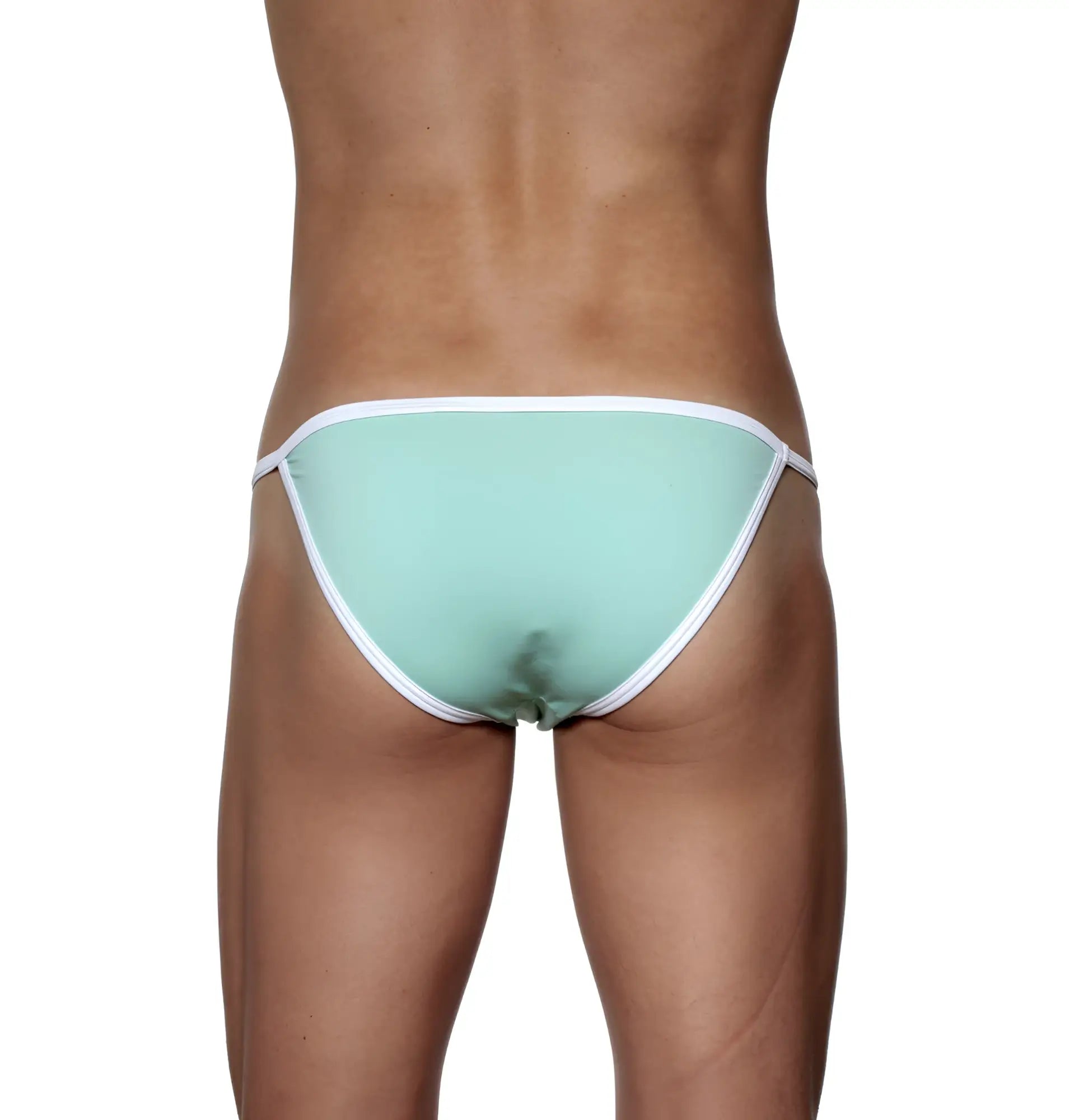 Mint green thong bikini with white trim groovin accent string bikini st0414 shown from the back side