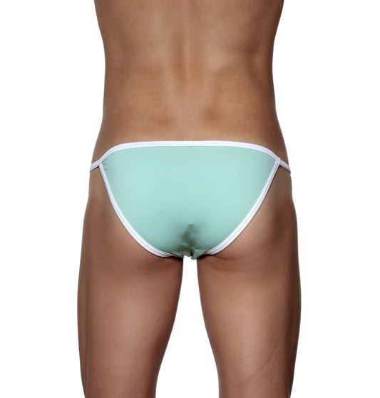 Mint green thong bikini with white trim groovin accent string bikini st0414 shown from the back side