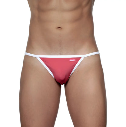 A vibrant pink groovin accent string bikini with white trim and a small brand tag in rouge red color