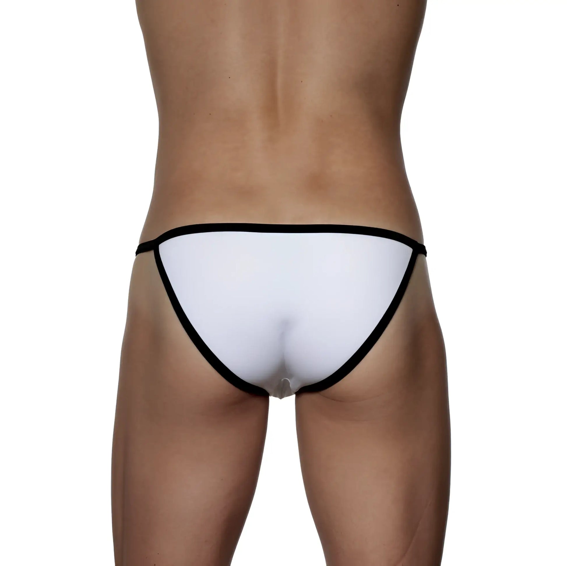 White thong string bikini with black trim groovin accent in white showing the back side view