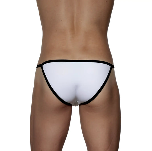 White thong string bikini with black trim groovin accent in white showing the back side view
