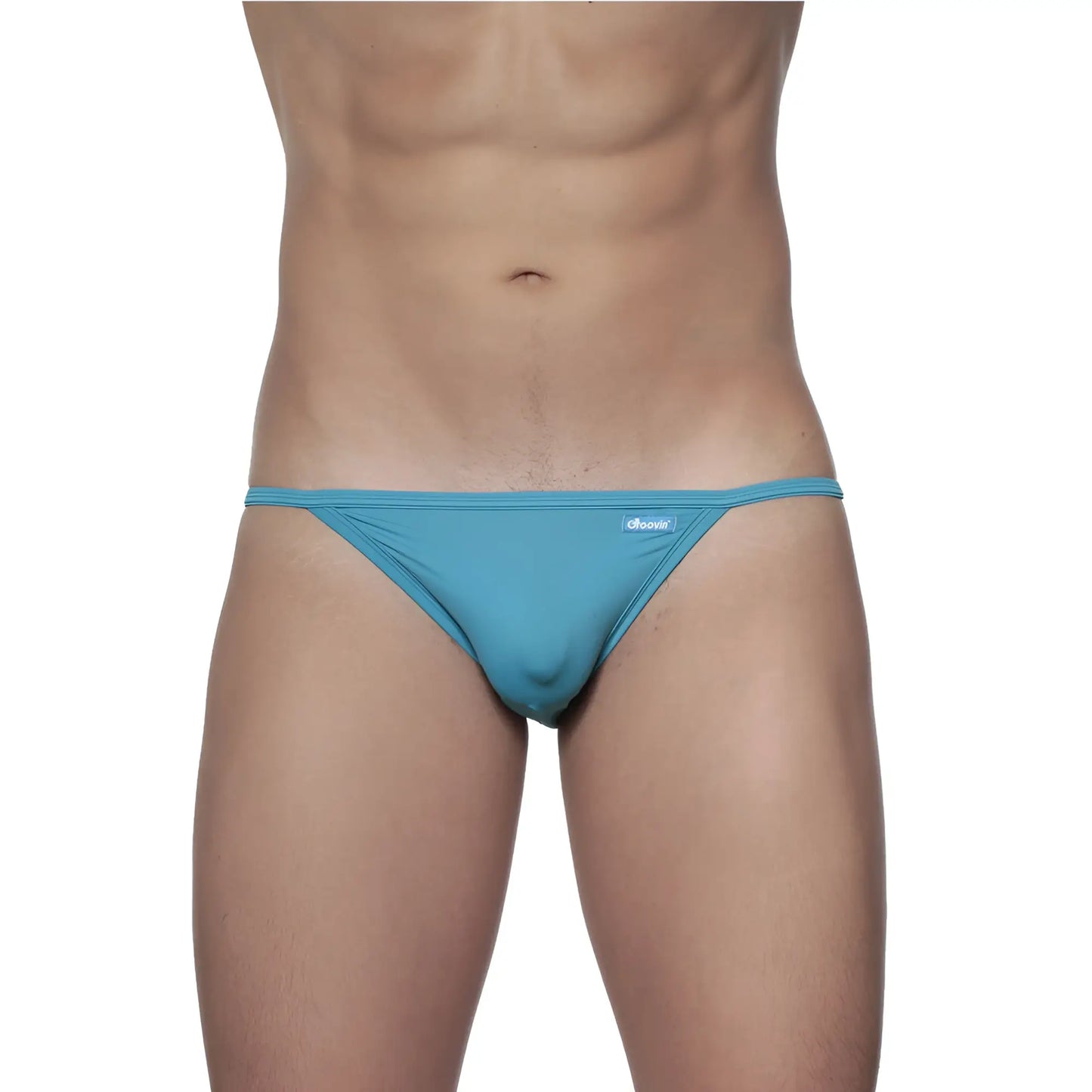 Teal-colored slim-fitting thong bikini with a subtle brand logo on the waistband groovin string bikini cyan blue st0111