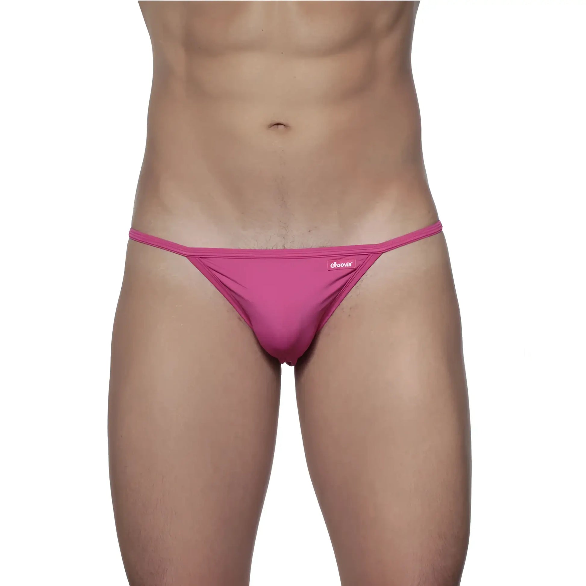 A vibrant pink form-fitting thong bikini with smooth fabric and a small brand tag on the waistband
