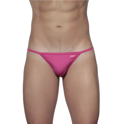 A vibrant pink form-fitting thong bikini with smooth fabric and a small brand tag on the waistband