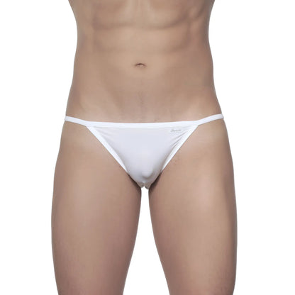 White minimalist Groovin string bikini thong made of smooth fabric with subtle logo on the waistband visible from front