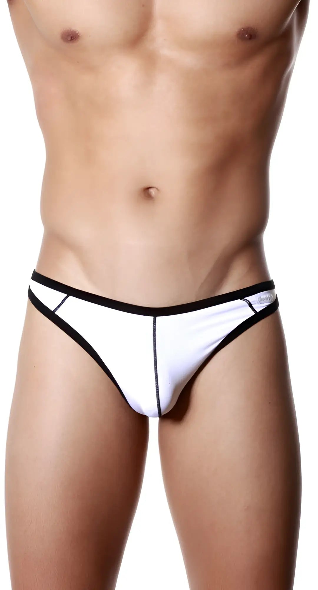 White and black groovin underwear accent thong with sleek minimalist design shown from the back side