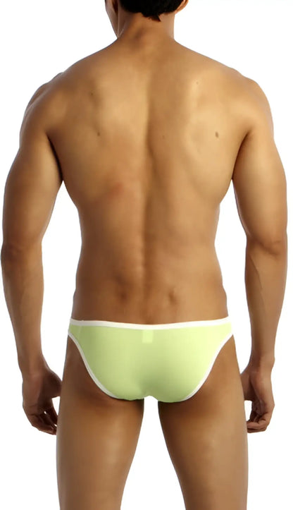 Light green groovin underwear accent v-cut bikini briefs with white trim showing the front view