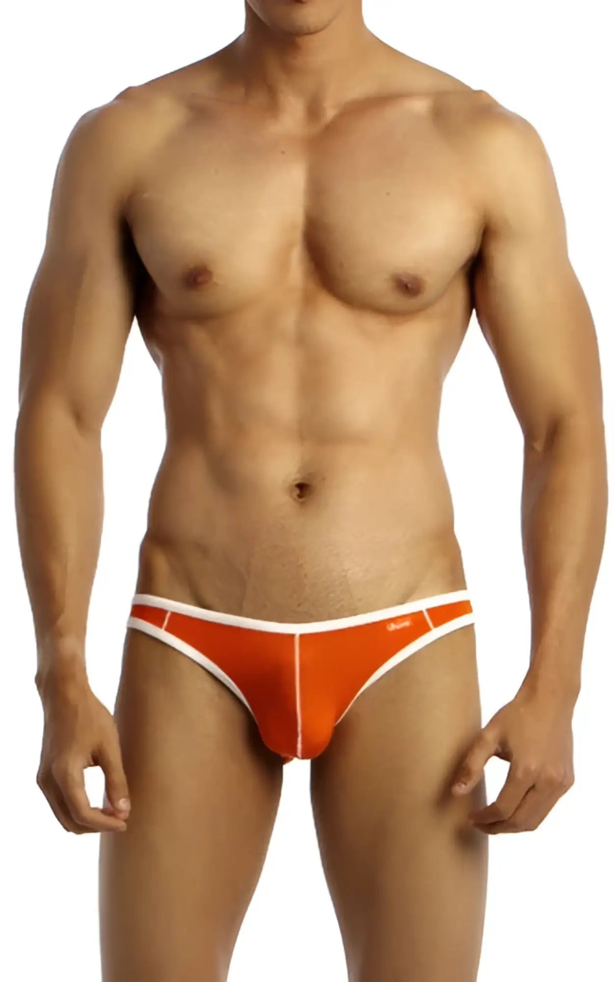 Orange and white groovin underwear accent v cut bikini briefs with sleek form fitting design for athletic use