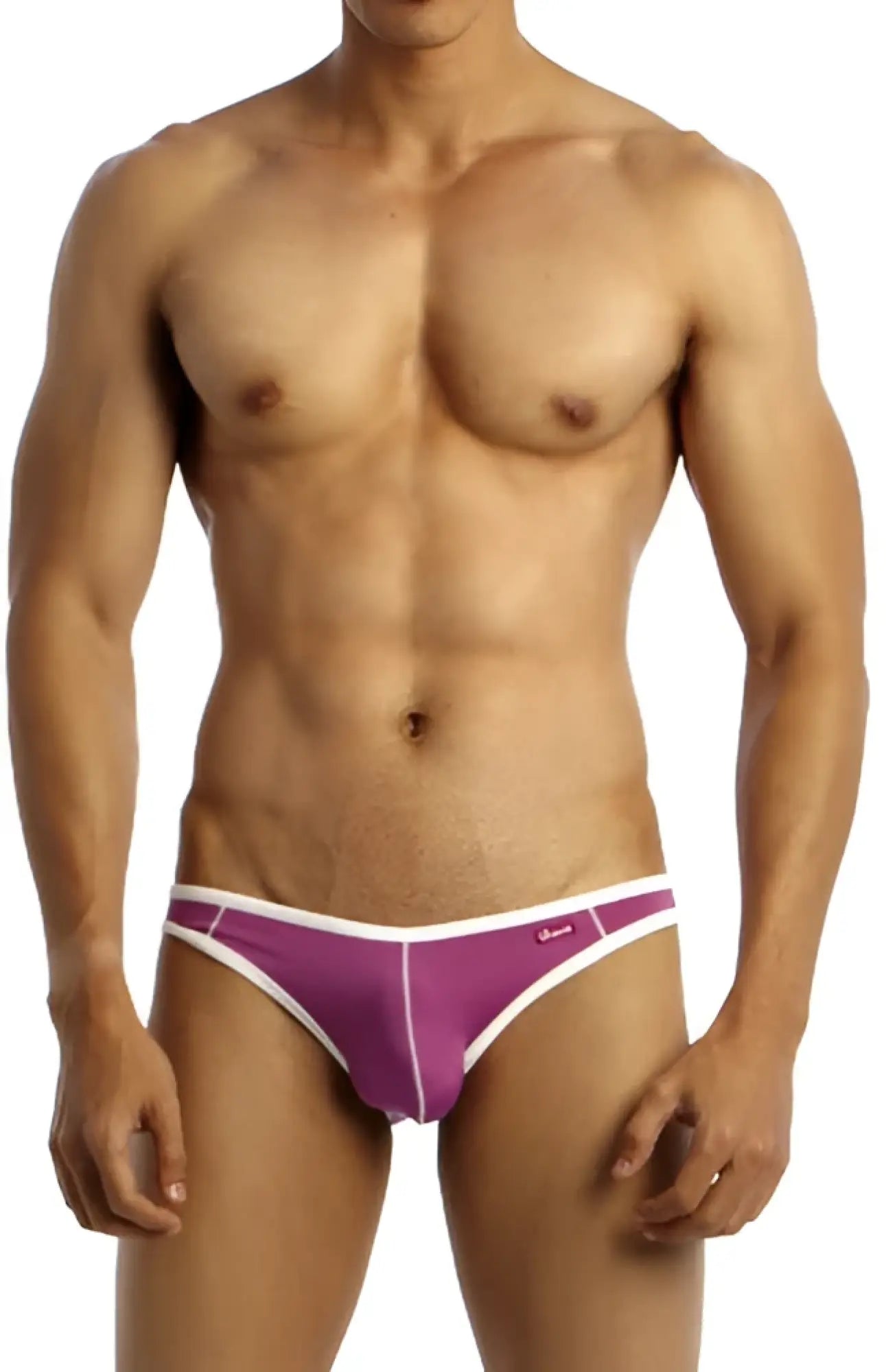 Purple and white groovin underwear accent v cut bikini briefs with sleek form fitting athletic design