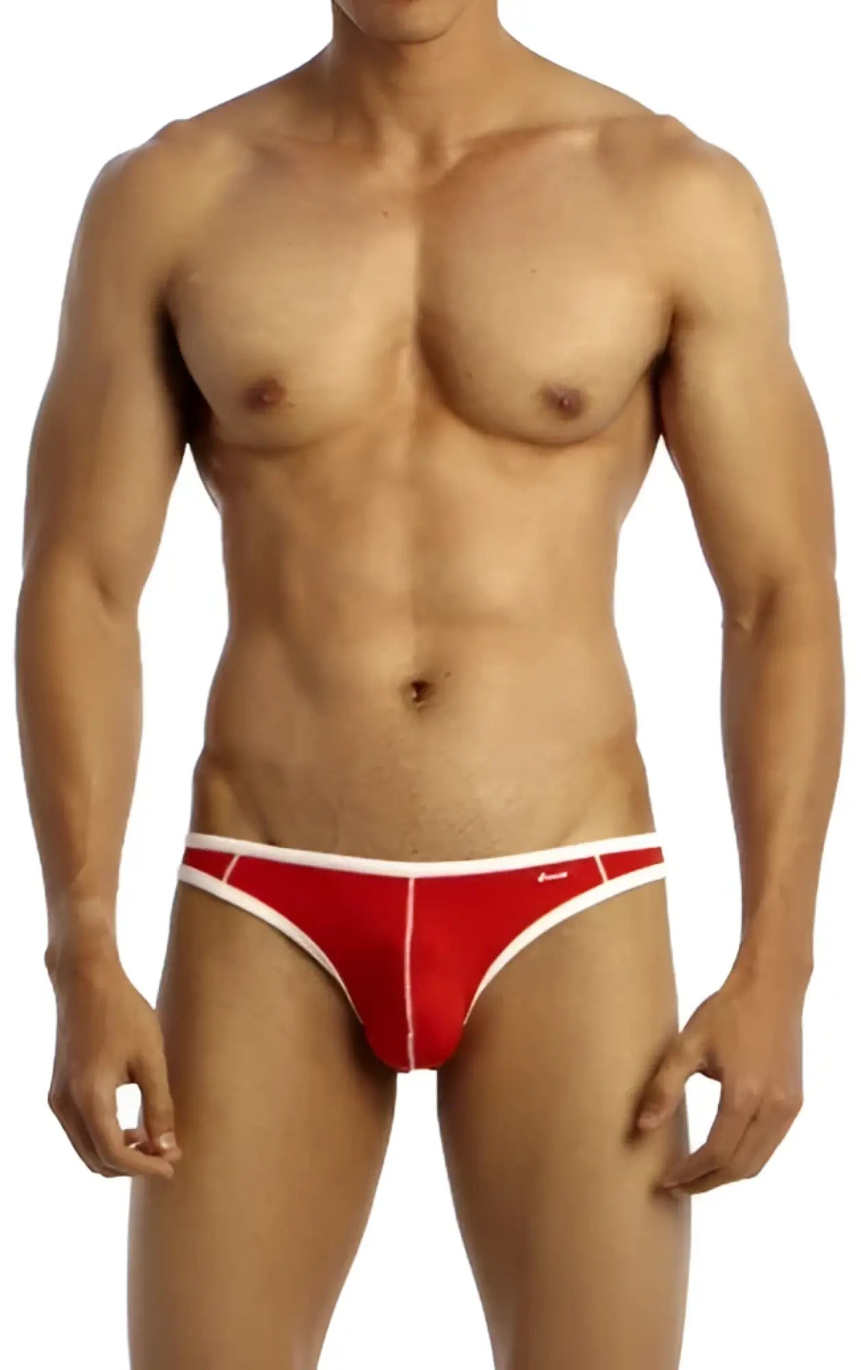 Red and white groovin underwear accent v cut bikini briefs with sleek form fitting design for athletic use