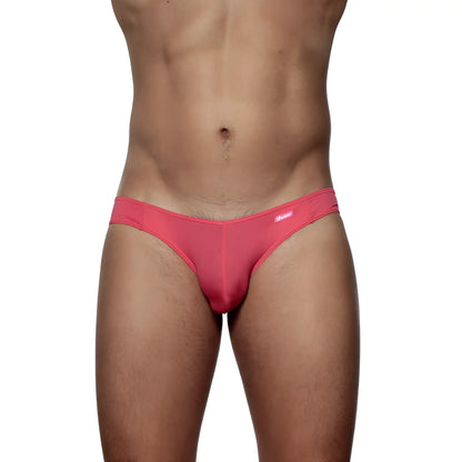 Bright pink sheer mesh groovin underwear athletic v-cut bikini briefs with snug fit and brand tag on waistband