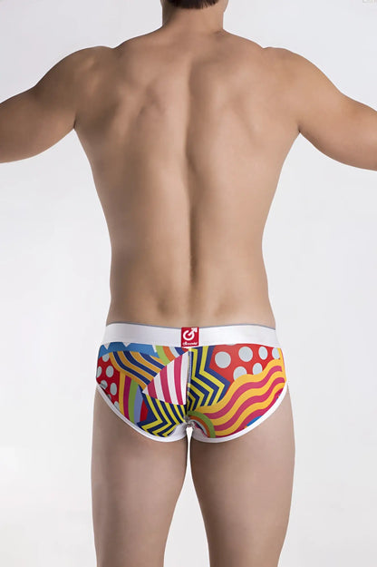 Vibrant multicolored groovin’ underwear pop art cup boxer cbp1702 with bold geometric and abstract patterns in red yellow blue green and white