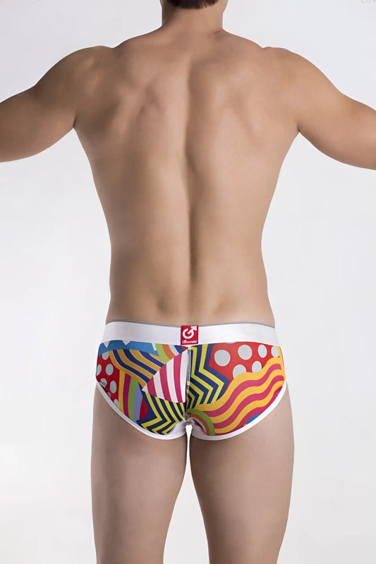 Vibrant multicolored groovin’ underwear pop art cup boxer cbp1702 with bold geometric and abstract patterns in red yellow blue green and white