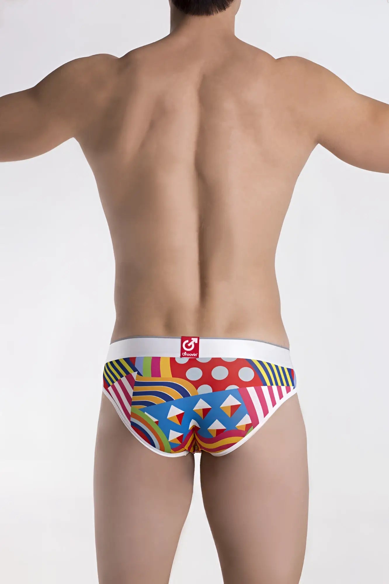 Vibrant geometric-patterned groovin underwear pop art hip briefs in red blue yellow and green with honey logo waistband