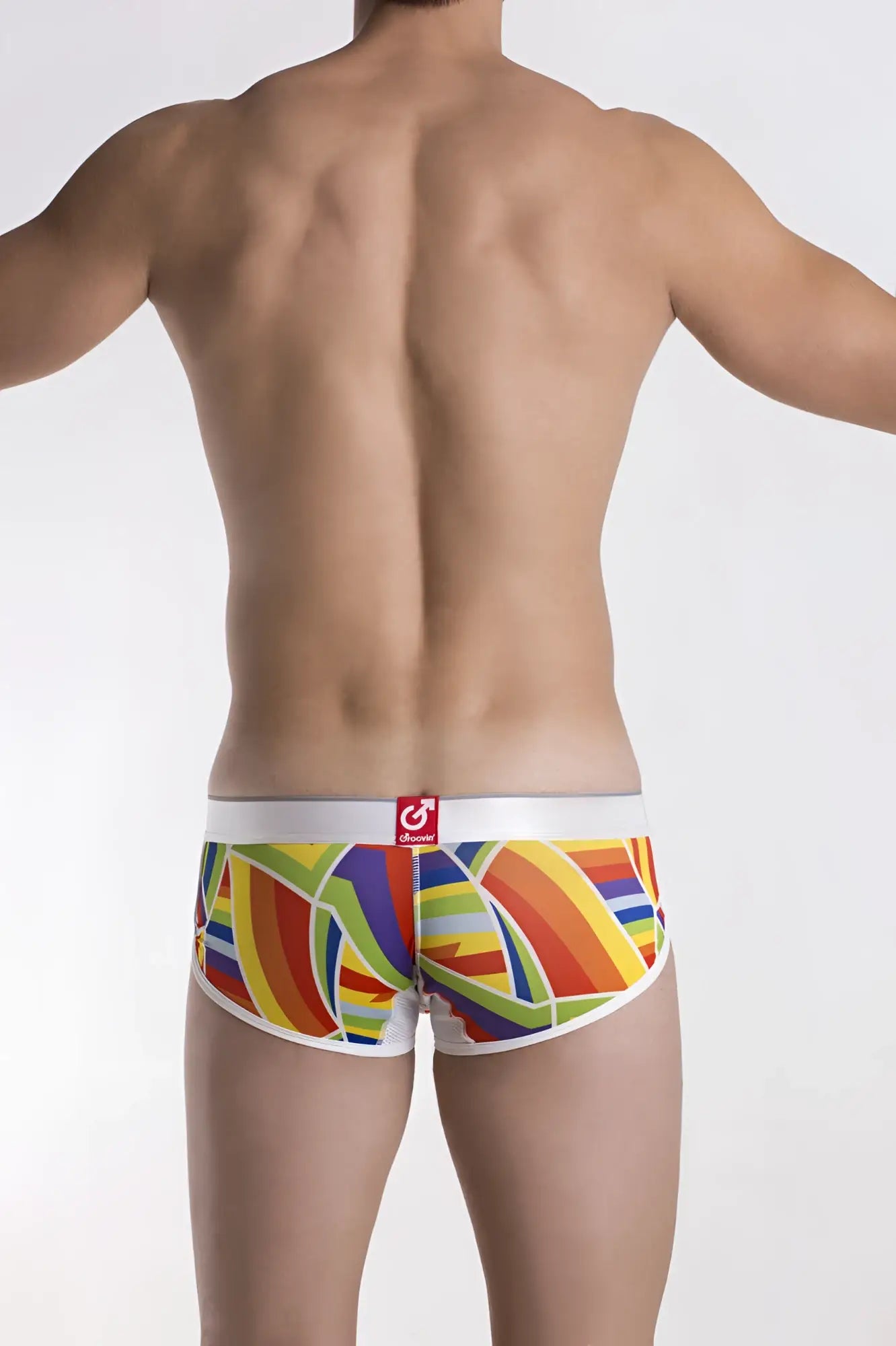 Groovin underwear prism cup boxer cbp1701 vibrant rainbow-striped men’s briefs with white waistband and red logo