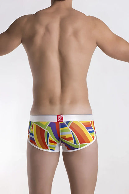 Groovin underwear prism cup boxer cbp1701 vibrant rainbow-striped men’s briefs with white waistband and red logo