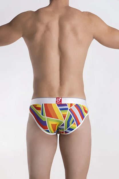 Groovin underwear prism hip brief bfp1701 with vibrant rainbow geometric pattern and white elastic waistband