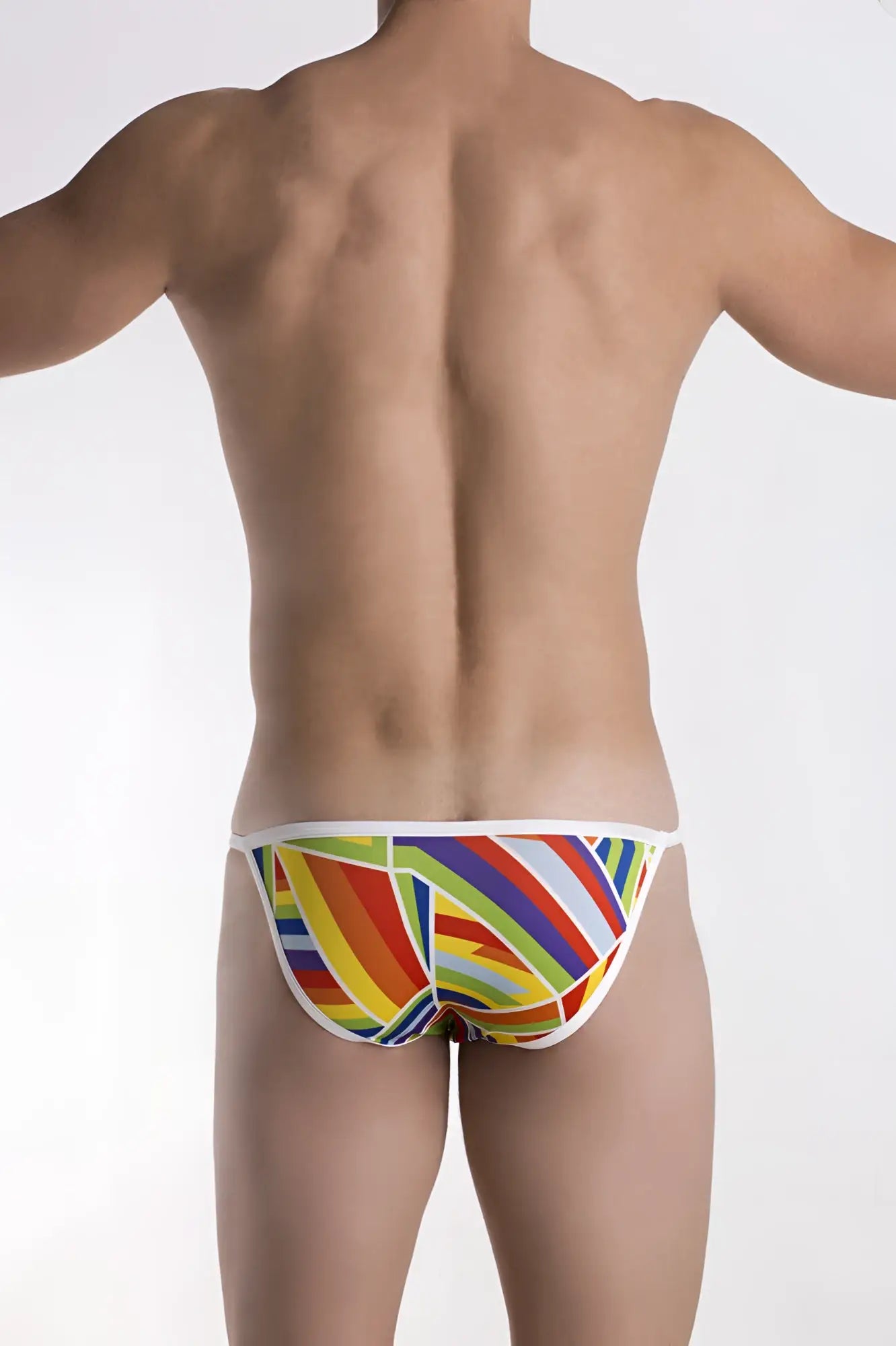 Vibrant rainbow-striped groovin underwear prism string bikini briefs with white trim in front view