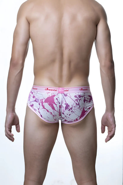 Pink and white splatter-patterned Groovin underwear cup boxer with a pink waistband for comfortable everyday wear