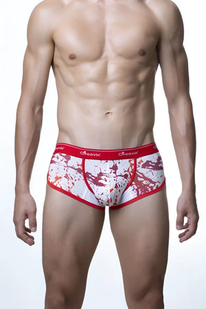 Men’s groovin underwear red and white splatter art cup boxer briefs with red aaovin waistband cbp1809