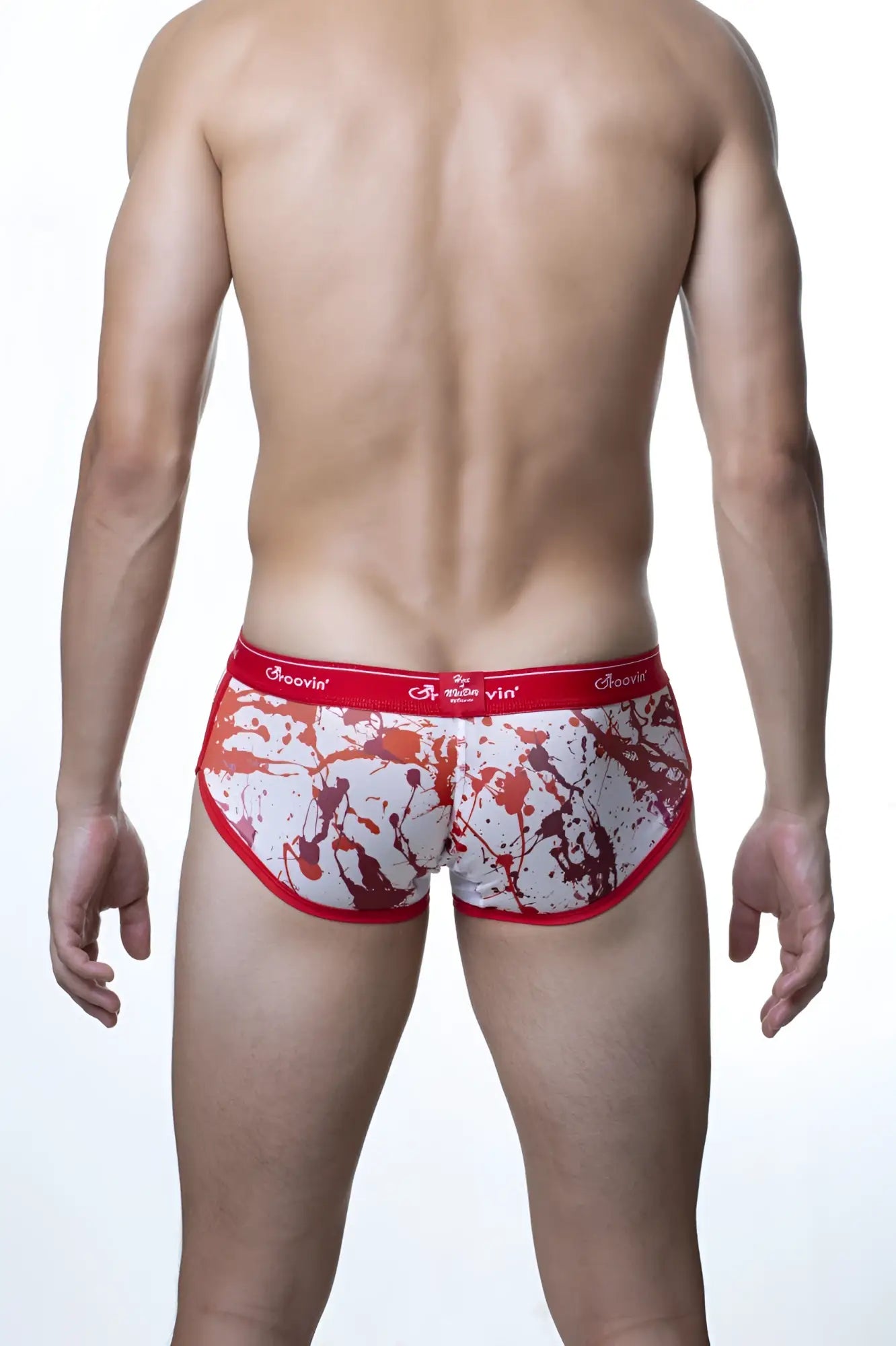 Groovin underwear splatter art cup boxer red cbp1809 red and white splatter briefs with red arovn waistband