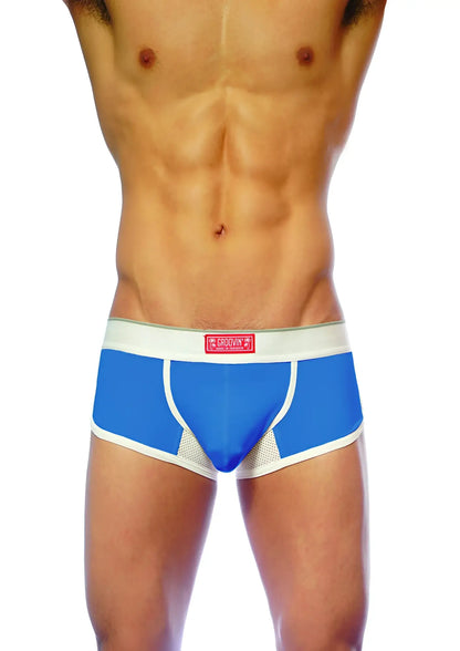 Blue and white groovin underwear ventilated cup boxer with mesh panels for breathability and athletic support