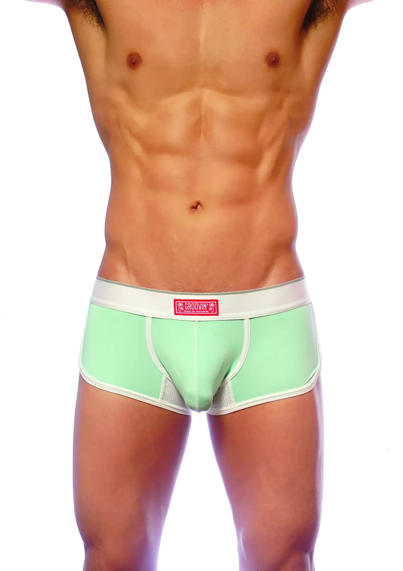 Groovin underwear ventilated cup boxer in mint green with white trim mesh panel and phoenix logo waistband