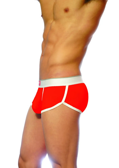 Red briefs groovin underwear ventilated cup boxer in red with white trim and a white waistband for breathability