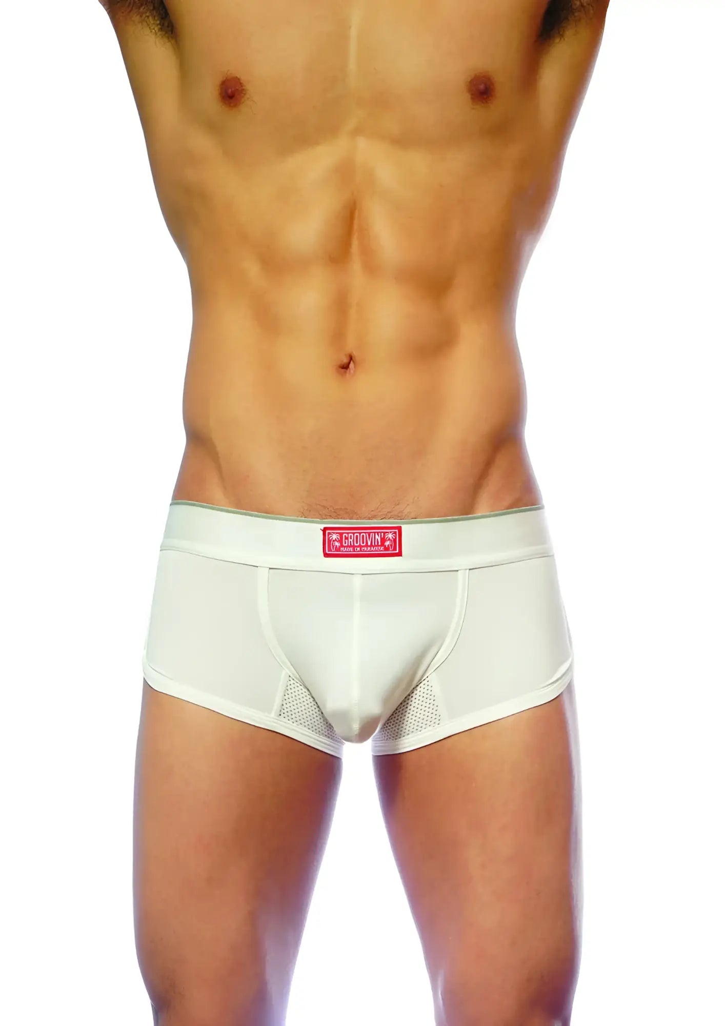 White men’s briefs groovin underwear with mesh paneling and red label for ventilation cb1601 model