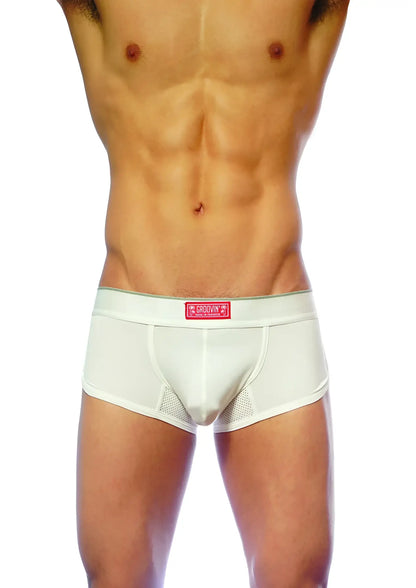 White men’s briefs groovin underwear with mesh paneling and red label for ventilation cb1601 model