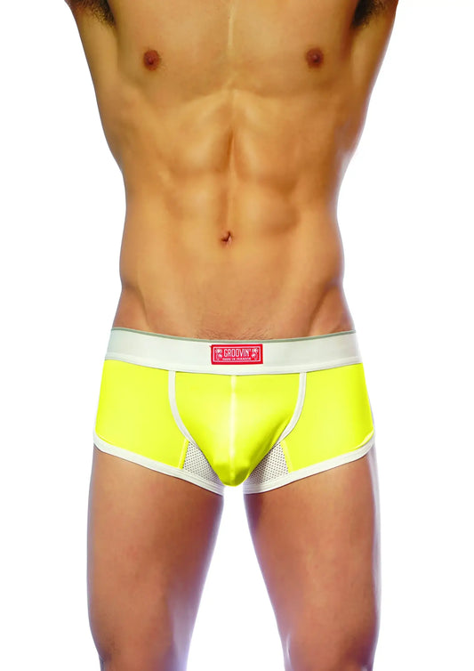 Bright neon yellow groovin ventilated cup boxer briefs with white trim mesh panel and logo waistband front view