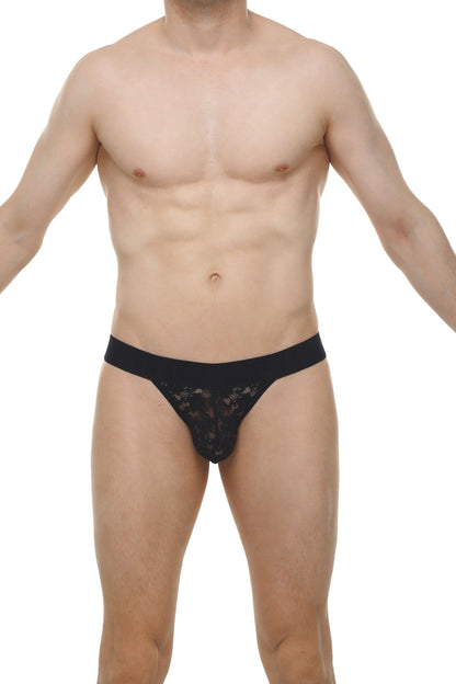 Black lace g-string aubiat with solid waistband showing front side for intimate wear